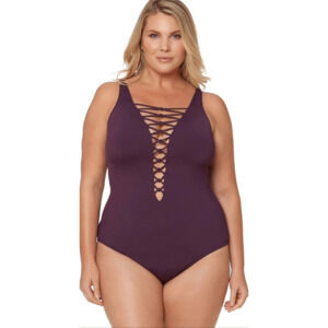 Bleu Rod Beattie Knotty But Nice Lattice One Piece Swimsuit Wine Womans Plus 22W